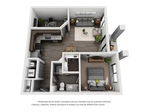 Floor plan for 1 bed, 1 bath, 750 sqft